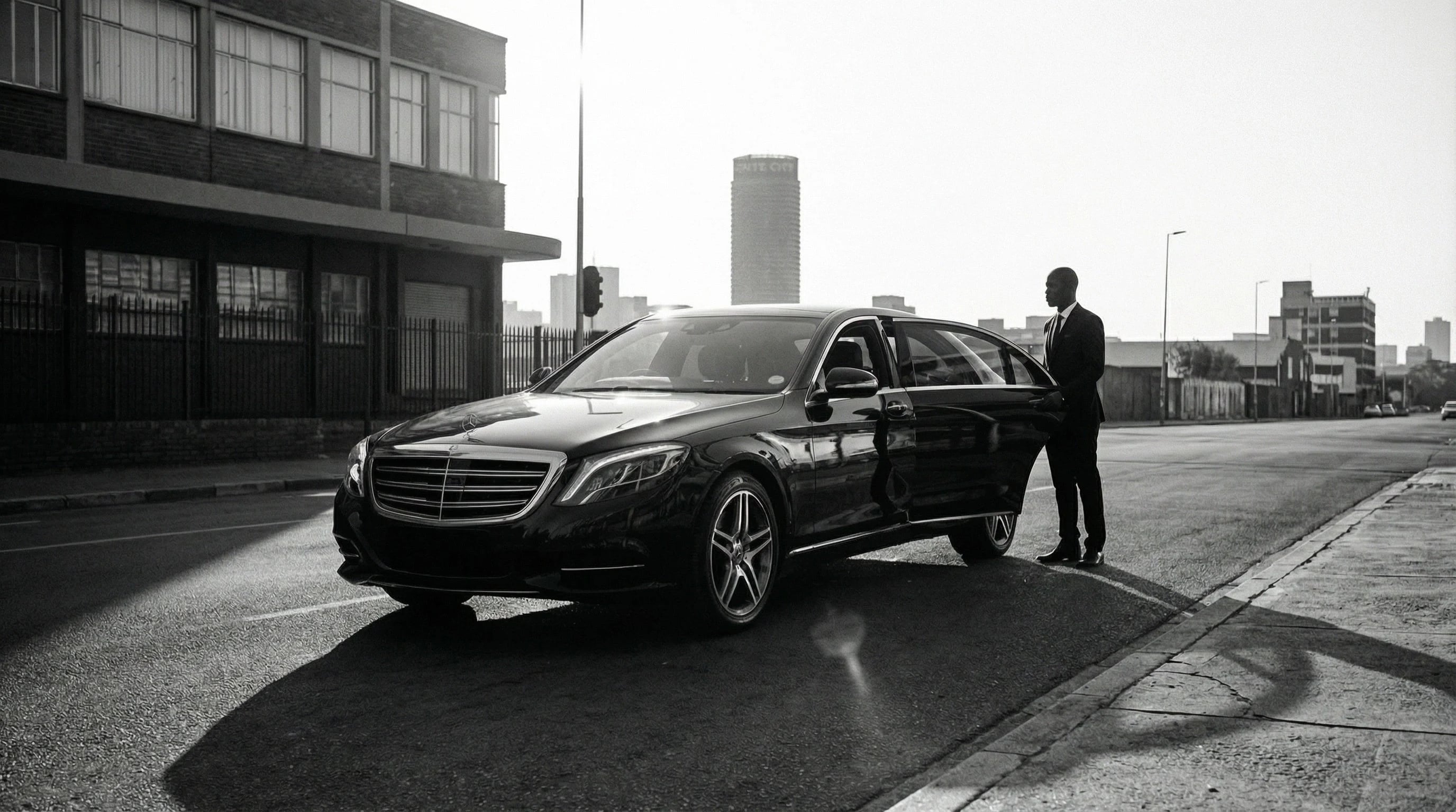 Professionele chauffeur wat langs 'n Mercedes-Benz S-Klas in 'n Johannesburg-straat staan