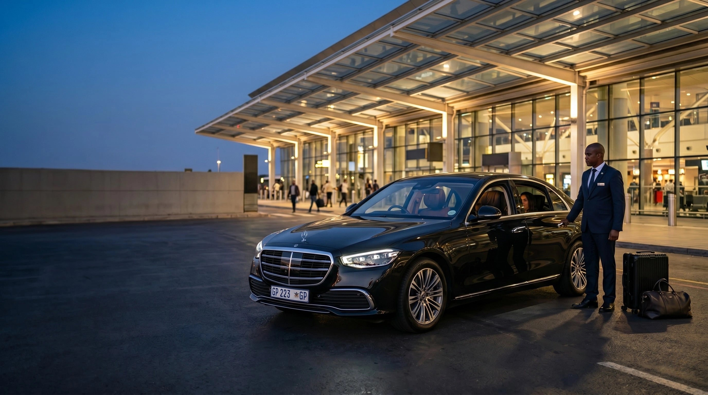Mercedes-Benz S-Class parked at an airport terminal at dusk