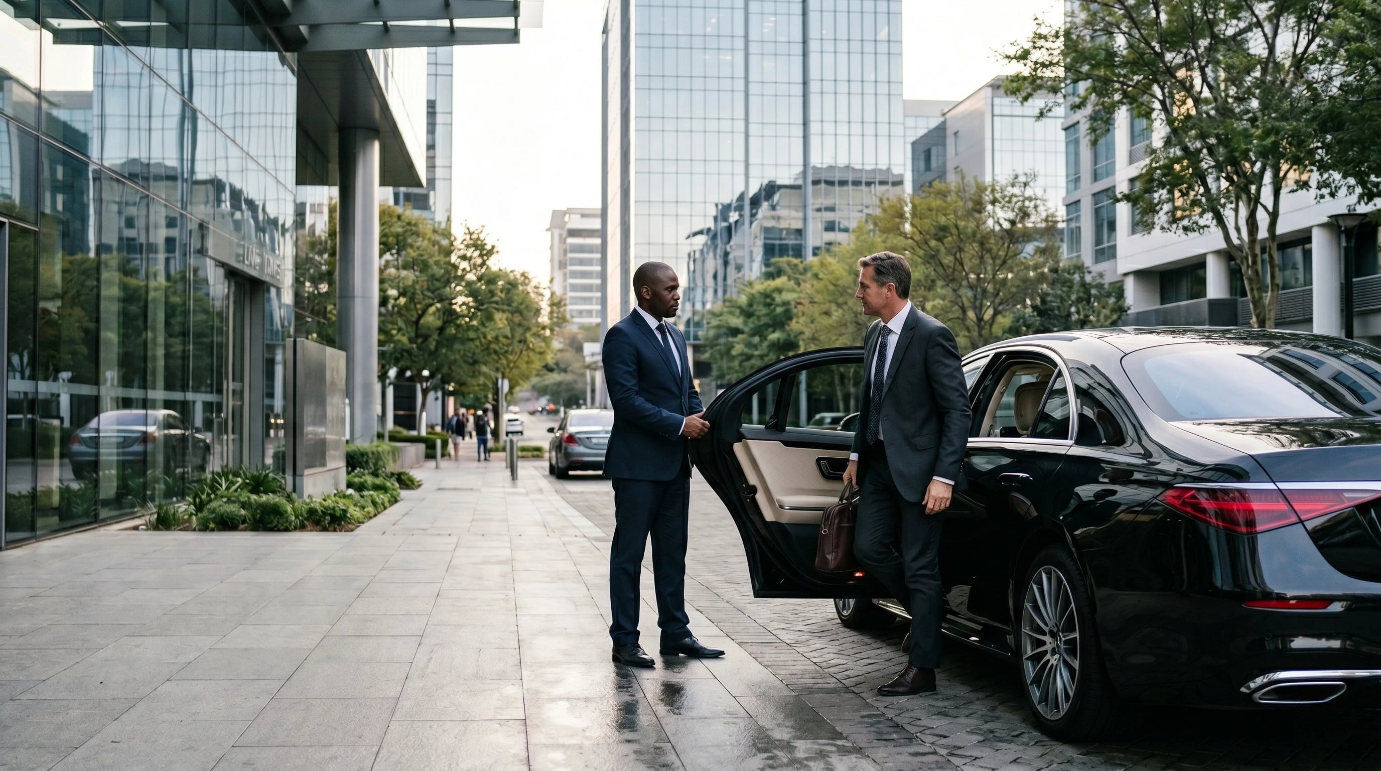 Executive stepping into a Mercedes-Benz S-Class outside a Sandton office building