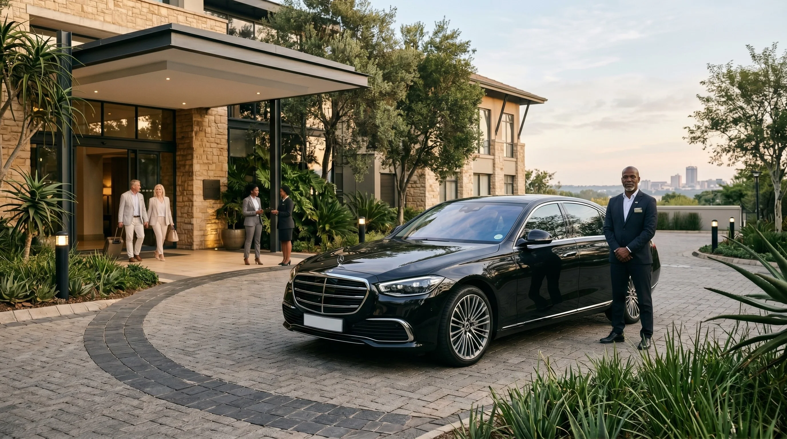 Mercedes-Benz S-Class waiting in a hotel driveway for daily hire