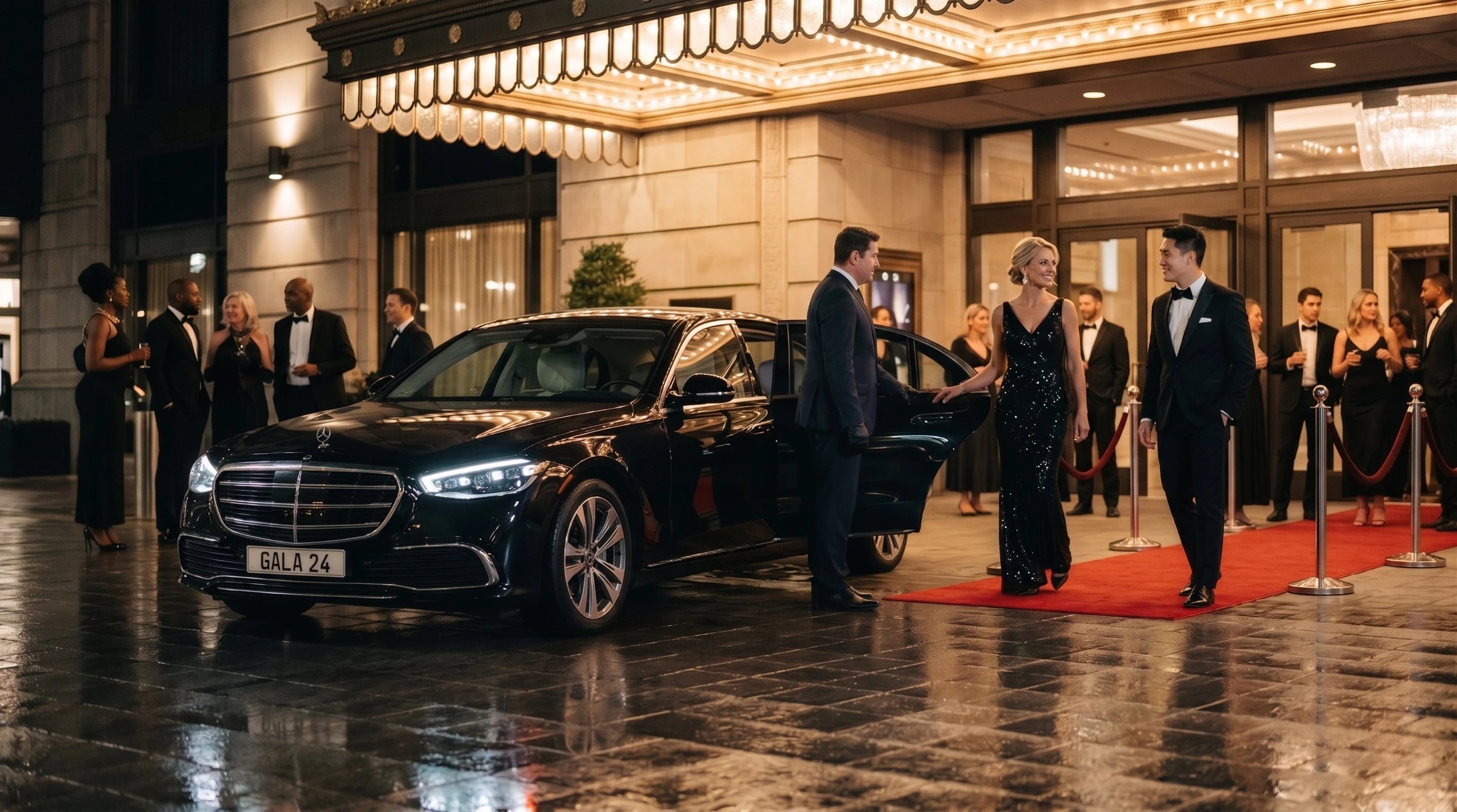 Mercedes-Benz S-Class at a red-carpet entrance at night
