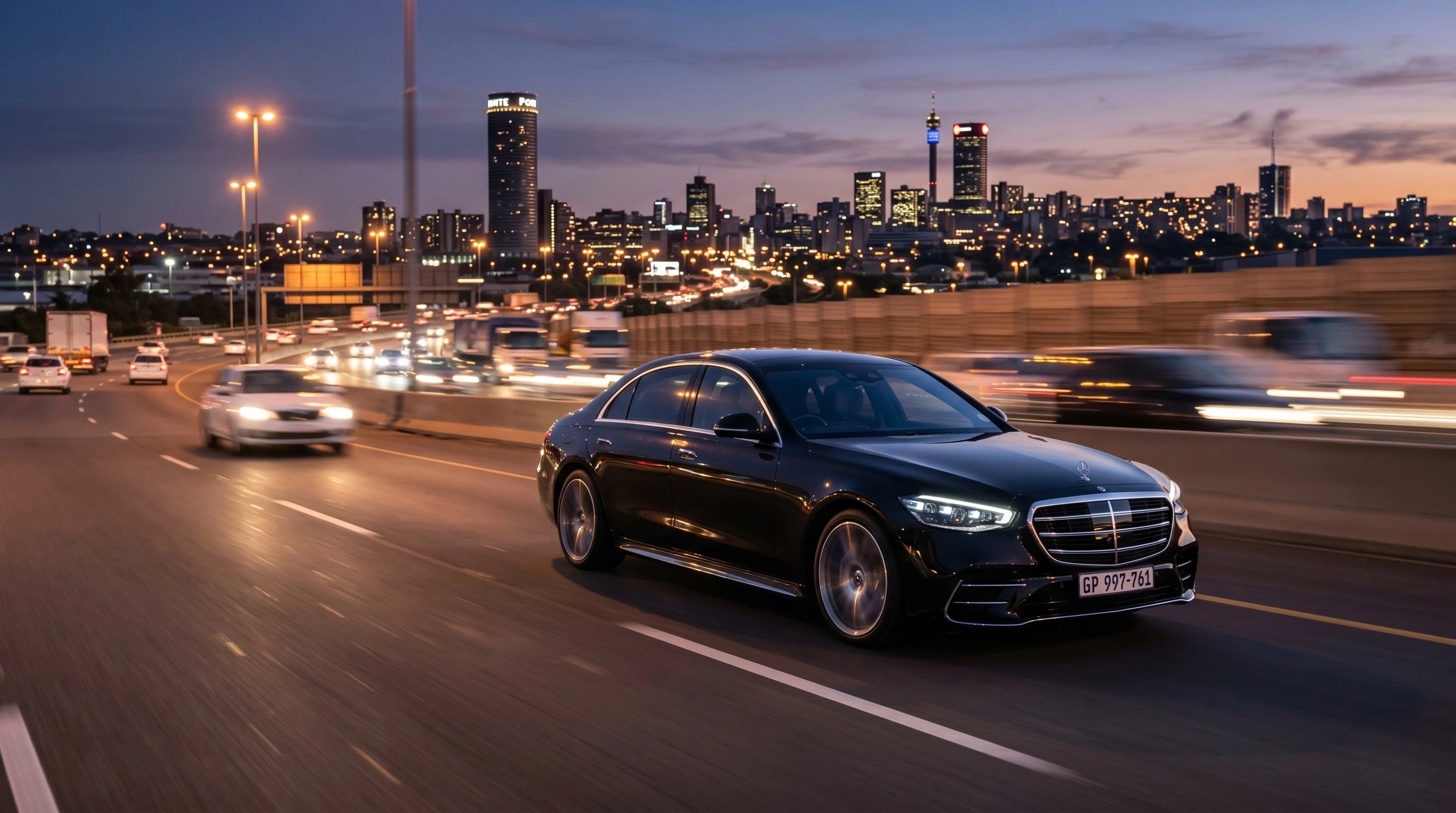 Mercedes-Benz S-Class on a Johannesburg freeway at dusk