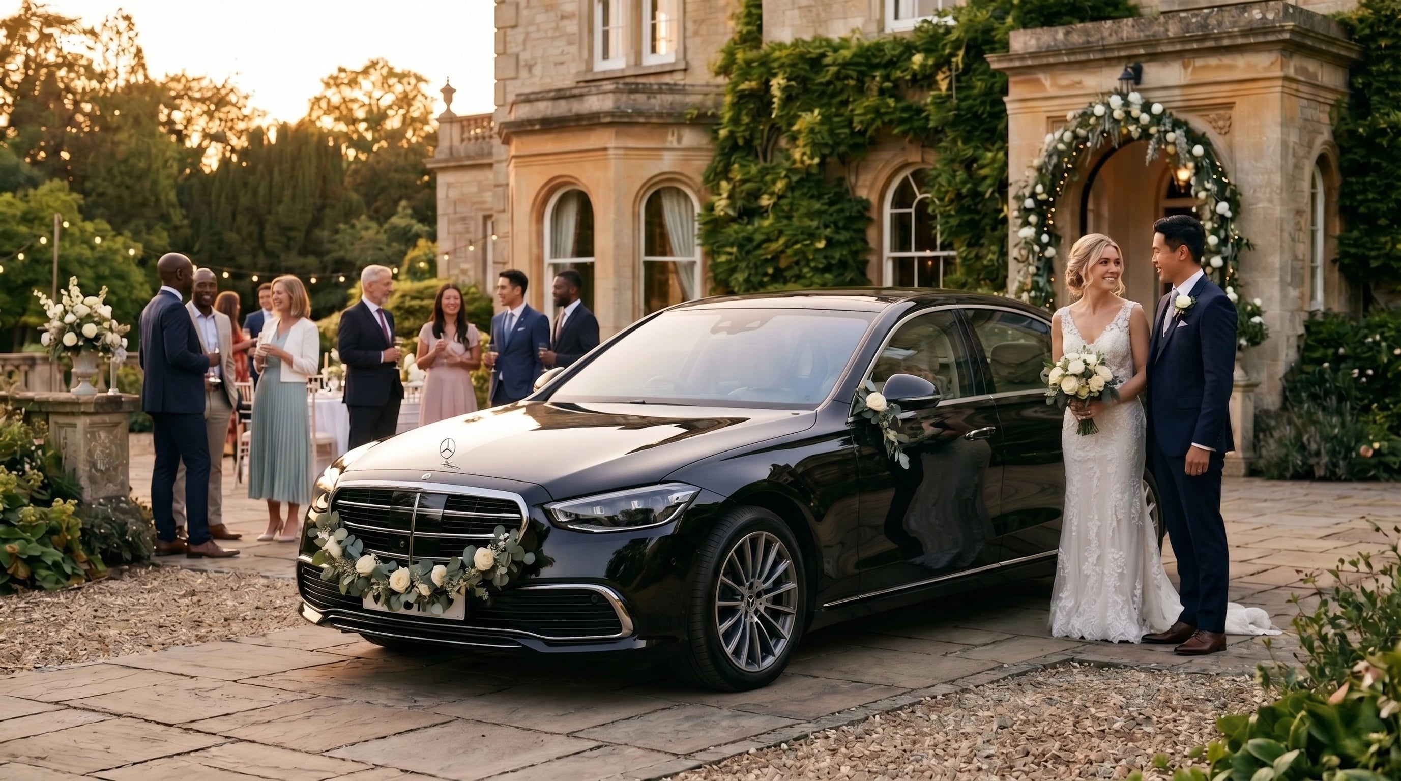 White Mercedes-Benz S-Class outside a wedding venue with floral accents
